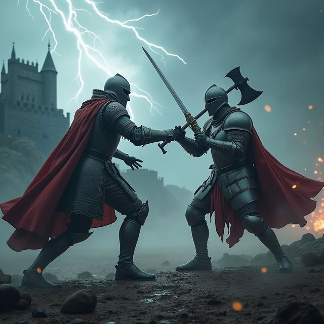 An epic battle between two legendary knights in a medieval setting