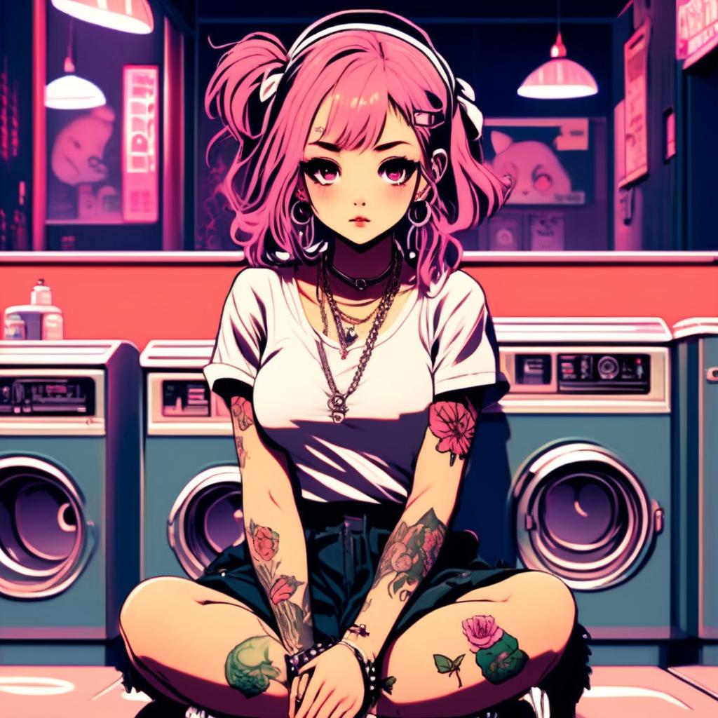 Anime art of a beautiful grunge girl with face tattoos sitting in a vintage laundromat against a neon-lit Tokyo backdrop.