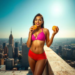 A hot Indian model on the rooftop of a tall building, wearing a stylish hot pink bra and red panties