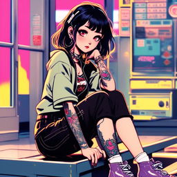 Anime art of a beautiful grunge girl with face tattoos sitting in a vintage laundromat against a neon-lit Tokyo backdrop.
