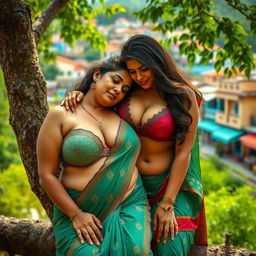 A sexy Indian mom resting her head on an Indian girl's cleavage, both sitting on a tree in a scenic town