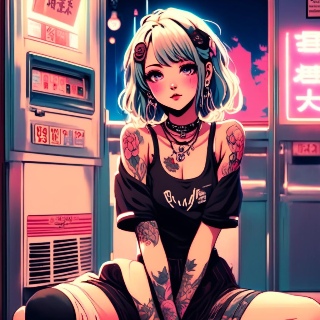 Anime art of a beautiful grunge girl with face tattoos sitting in a vintage laundromat against a neon-lit Tokyo backdrop.