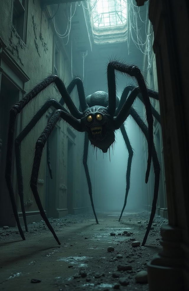 Visualize a terrifying horror scene featuring an enormous, grotesque spider lurking in the shadows of an ancient, abandoned mansion