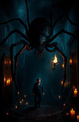 A dark, atmospheric setting in an abandoned mansion overrun by ominous, shadowy spiders