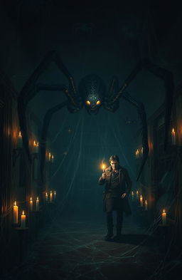 A dark, atmospheric setting in an abandoned mansion overrun by ominous, shadowy spiders