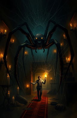 A dark, atmospheric setting in an abandoned mansion overrun by ominous, shadowy spiders