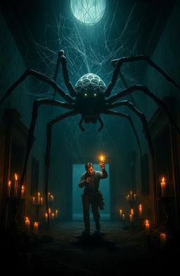 A dark, atmospheric setting in an abandoned mansion overrun by ominous, shadowy spiders