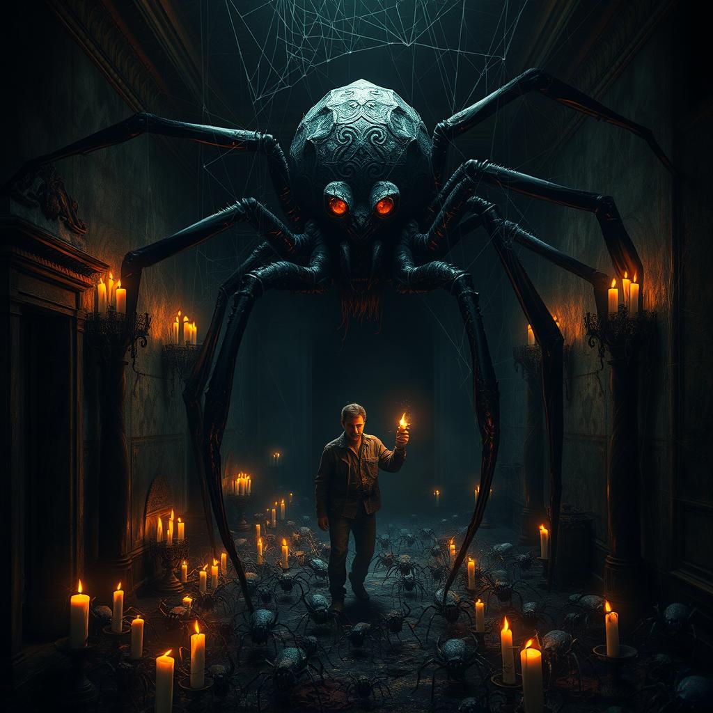 A dark, atmospheric setting in an abandoned mansion teeming with an overwhelming number of shadowy spiders