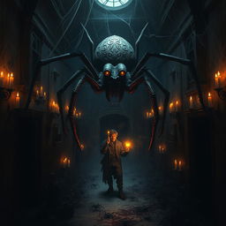 A dark, atmospheric setting in an abandoned mansion teeming with an overwhelming number of shadowy spiders