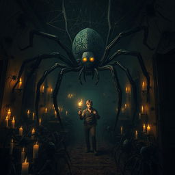 A dark, atmospheric setting in an abandoned mansion teeming with an overwhelming number of shadowy spiders