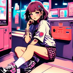 Anime art of a beautiful grunge girl with face tattoos sitting in a vintage laundromat against a neon-lit Tokyo backdrop.