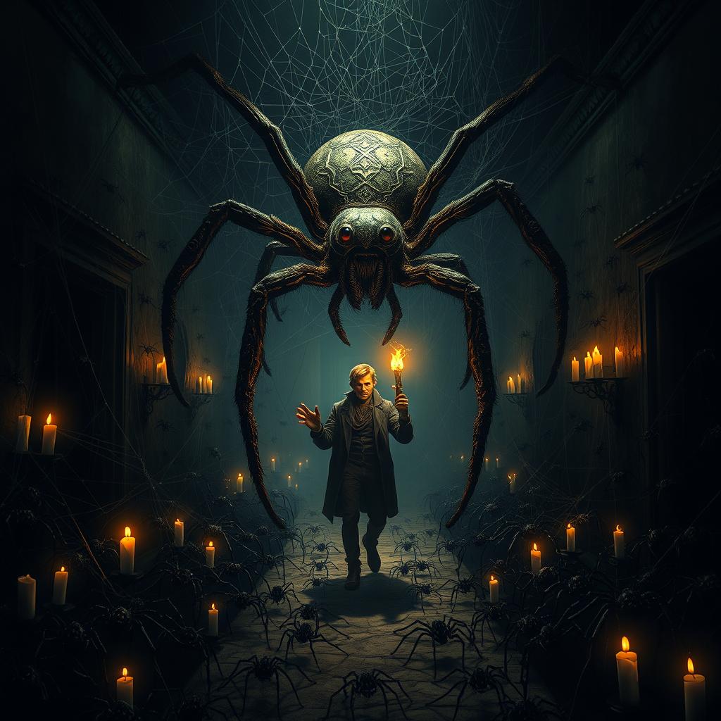 A dark, atmospheric setting in an abandoned mansion teeming with an overwhelming number of shadowy spiders