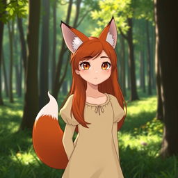 A fox girl standing in a forest, featuring a harmonious blend of human and fox-like features