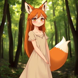 A fox girl standing in a forest, featuring a harmonious blend of human and fox-like features