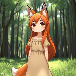 A fox girl standing in a forest, featuring a harmonious blend of human and fox-like features