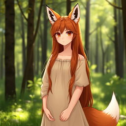 A fox girl standing in a forest, featuring a harmonious blend of human and fox-like features