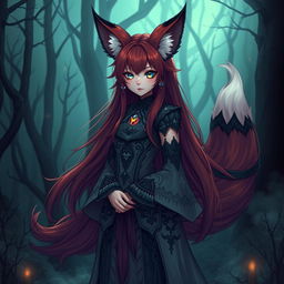 A daemon fox girl standing in an enchanted forest, her appearance striking a balance between mysterious and alluring