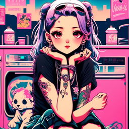 Anime art of an exceptionally beautiful grunge girl with face tattoos sitting in a vintage laundromat against a hyper-vibrant neon Tokyo backdrop.