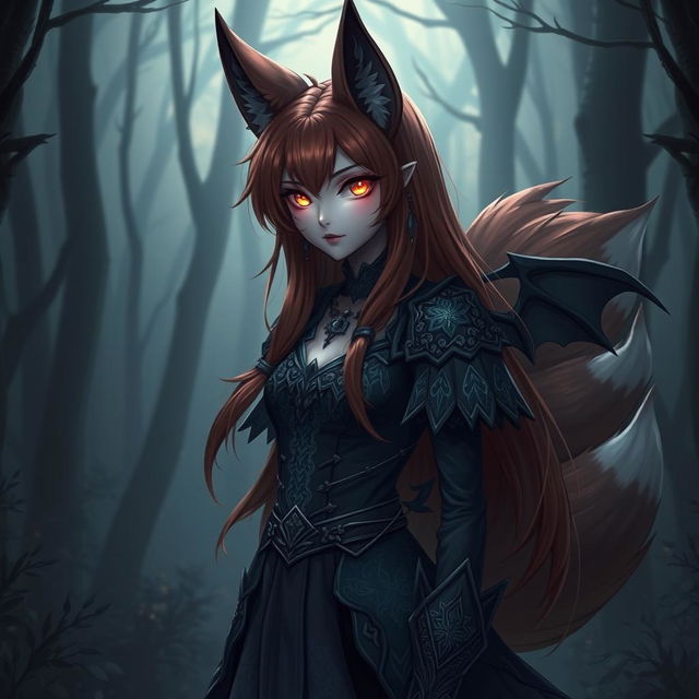 A daemon fox girl standing in an enchanted forest, her appearance striking a balance between mysterious and alluring