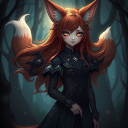 A daemon fox girl standing in an enchanted forest, her appearance striking a balance between mysterious and alluring