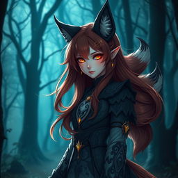 A daemon fox girl standing in an enchanted forest, her appearance striking a balance between mysterious and alluring