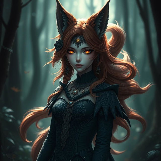 A daemon fox girl with a captivating and enigmatic appearance, standing in a mystic forest