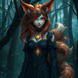 A daemon fox girl with a captivating and enigmatic appearance, standing in a mystic forest