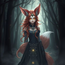 A daemon fox girl with a captivating and enigmatic appearance, standing in a mystic forest