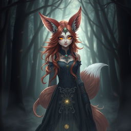 A daemon fox girl with a captivating and enigmatic appearance, standing in a mystic forest