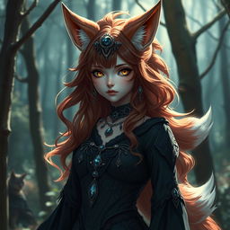 A daemon fox girl with a captivating and enigmatic appearance, standing in a mystic forest