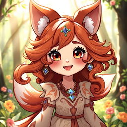 A cute daemon fox girl with a warm and inviting smile, surrounded by a whimsical forest environment