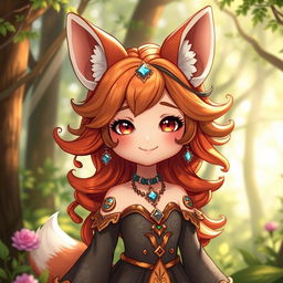 A cute daemon fox girl with a warm and inviting smile, surrounded by a whimsical forest environment