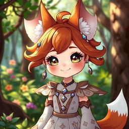 A cute daemon fox girl with a warm and inviting smile, surrounded by a whimsical forest environment