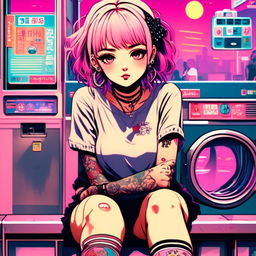 Anime art of an exceptionally beautiful grunge girl with face tattoos sitting in a vintage laundromat against a hyper-vibrant neon Tokyo backdrop.