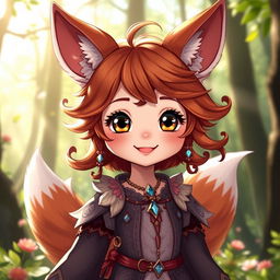 A cute daemon fox girl with a warm and inviting smile, surrounded by a whimsical forest environment