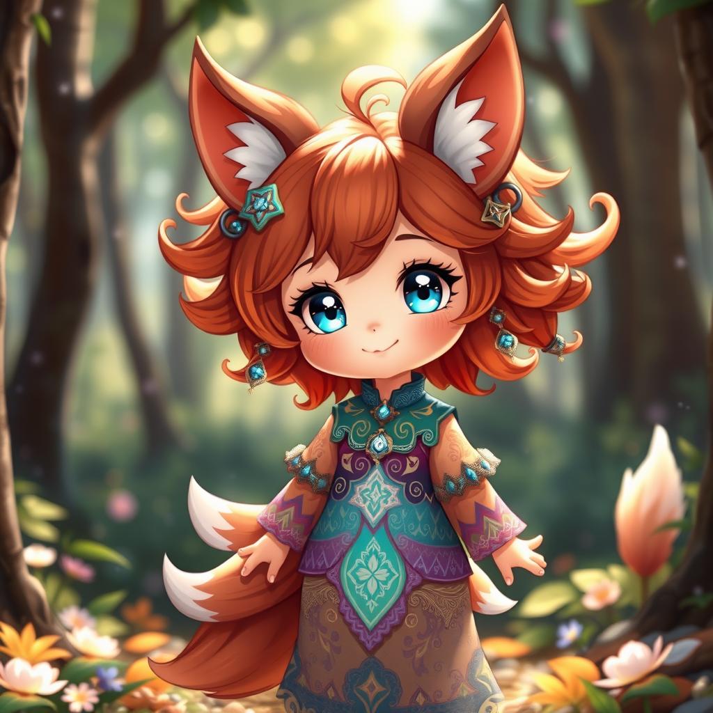 A cute daemon fox girl standing in a magical forest, exuding charm and playfulness