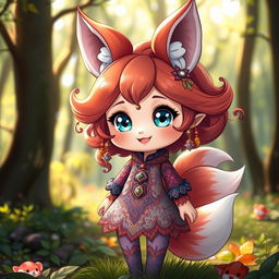 A cute daemon fox girl standing in a magical forest, exuding charm and playfulness