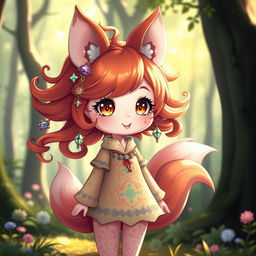 A cute daemon fox girl standing in a magical forest, exuding charm and playfulness