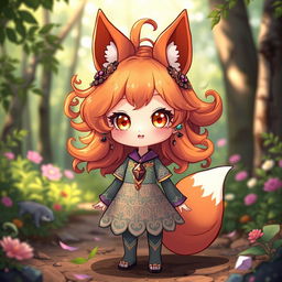 A cute daemon fox girl standing in a magical forest, exuding charm and playfulness