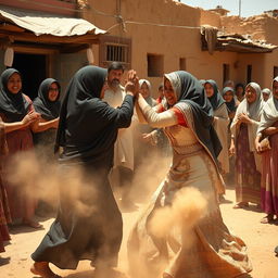 a dramatic scene on a village street in Egypt where two women wearing hijabs are engaged in a spirited wrestling match