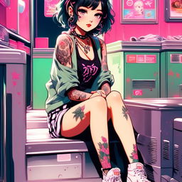 Anime art of an exceptionally beautiful grunge girl with face tattoos sitting in a vintage laundromat against a hyper-vibrant neon Tokyo backdrop.