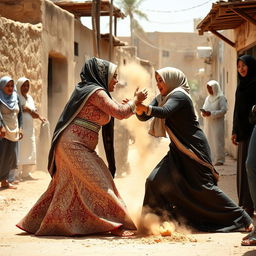 a dramatic scene on a village street in Egypt where two women wearing hijabs are engaged in a spirited wrestling match