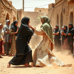 a dramatic scene on a village street in Egypt where two women wearing hijabs are engaged in a spirited wrestling match