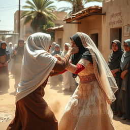 a dramatic scene on a village street in Egypt where two women wearing hijabs are engaged in a spirited wrestling match