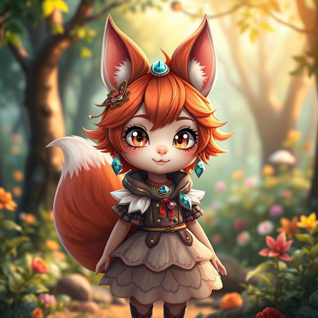 A cute yet mischievous daemon fox girl, exuding both charm and playfulness, standing in a vibrant, enchanted forest