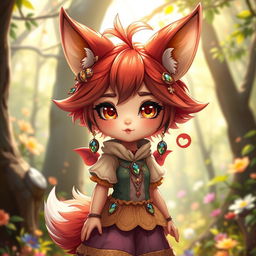 A cute yet mischievous daemon fox girl, exuding both charm and playfulness, standing in a vibrant, enchanted forest