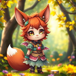 A cute yet mischievous daemon fox girl, exuding both charm and playfulness, standing in a vibrant, enchanted forest