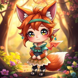 A cute yet mischievous daemon fox girl, exuding both charm and playfulness, standing in a vibrant, enchanted forest