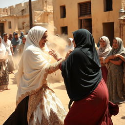 a dramatic scene on a village street in Egypt where two women wearing hijabs are engaged in a spirited wrestling match