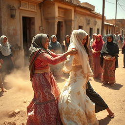 a dramatic scene on a village street in Egypt where two women wearing hijabs are engaged in a spirited wrestling match